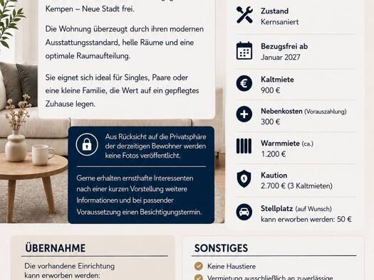 Wohnung zur Miete 900 € 3,5 Zimmer 80 m² frei ab 01.01.2027 Robert-Koch-Straße 52 Kempen Kempen 47906