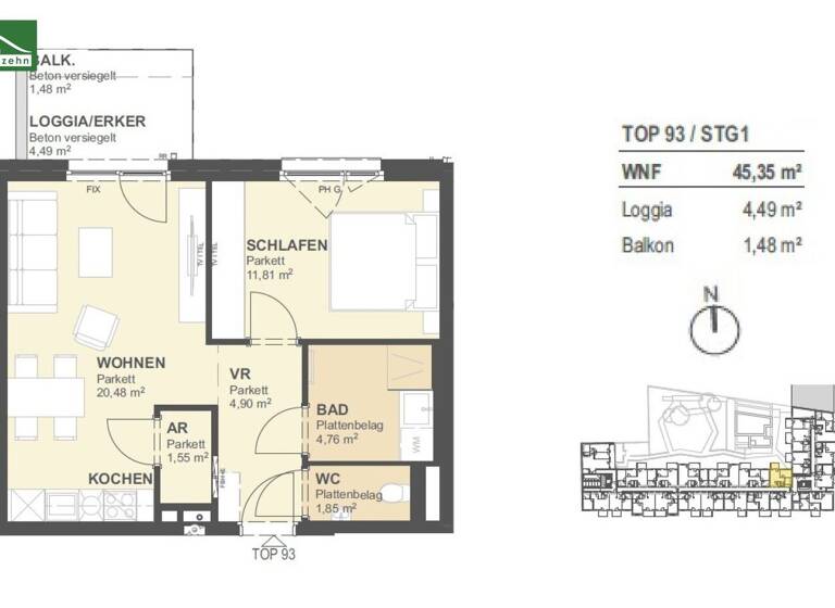 Wohnung zum Kauf - Erstbezug provisionsfrei 337.920 € 2 Zimmer 45,4 m² 6. Geschoss Tokiostraße 5 Wien 1220