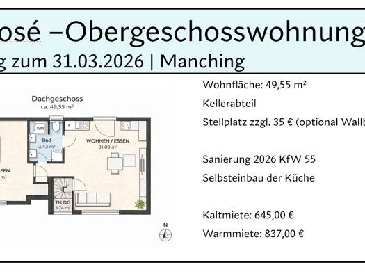 Wohnung zur Miete 645 € 2 Zimmer 49,6 m² Geschoss 1/2 frei ab 31.03.2026 Manching 85077