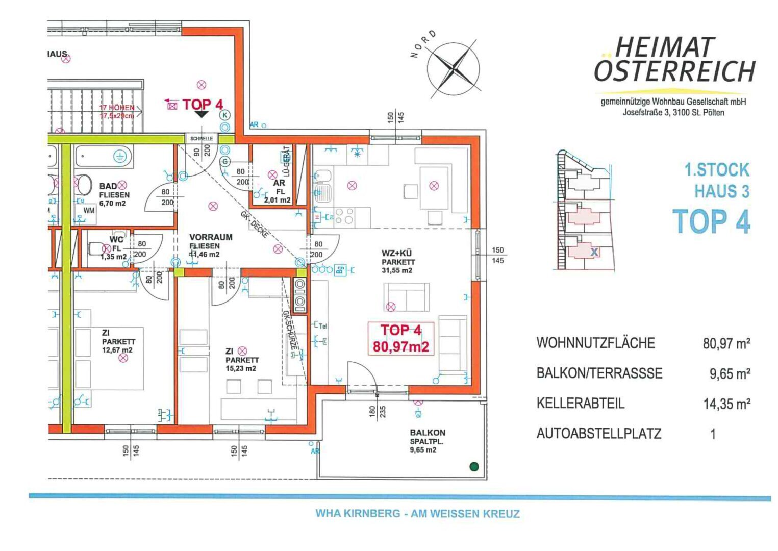 Wohnung zur Miete 696 € 3 Zimmer 81,2 m²<br/>Wohnfläche 1.<br/>Geschoss Am Weißen Kreuz Kirnberg an der Mank 3241