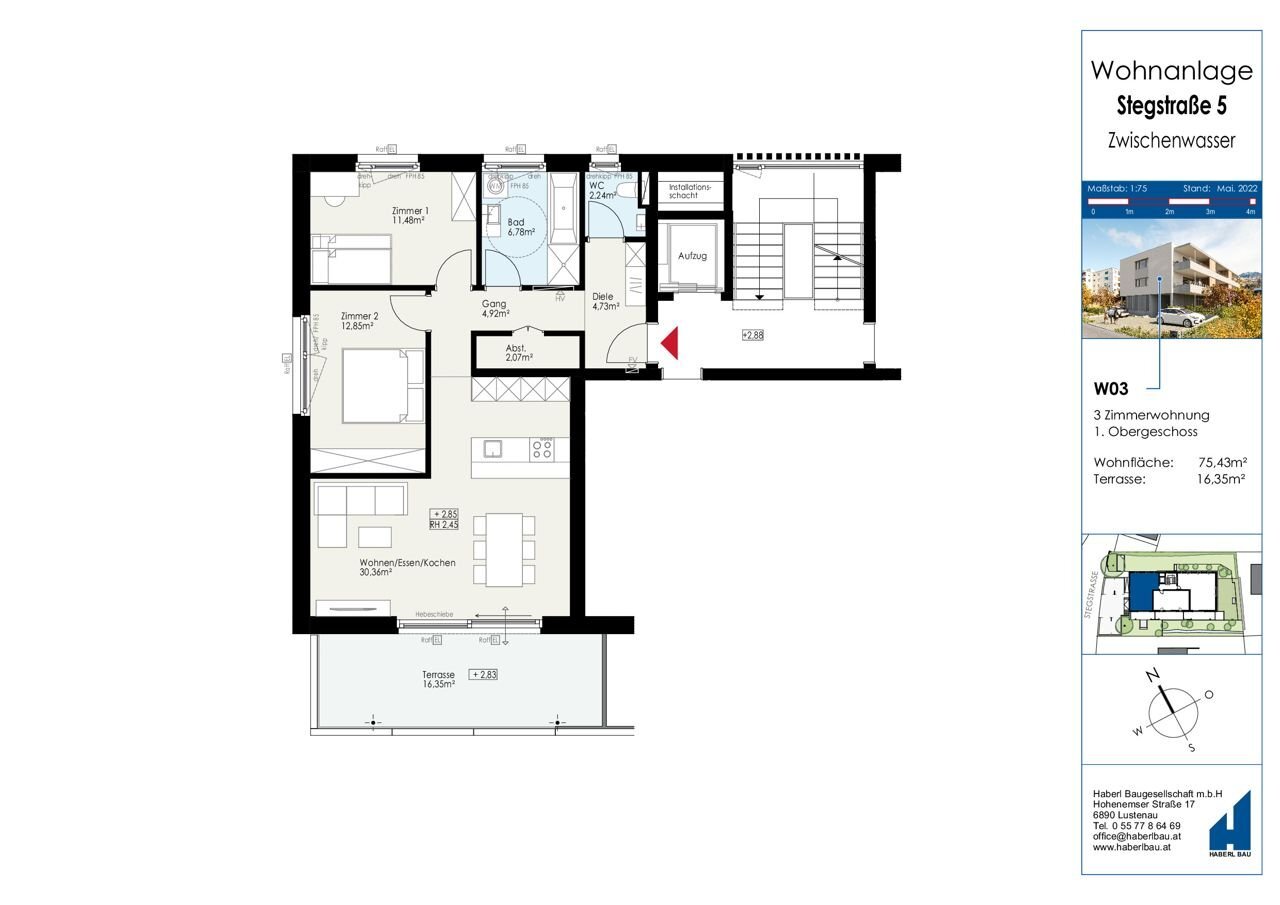 Wohnung zum Kauf 498.000 € 3 Zimmer 75,4 m²<br/>Wohnfläche 1.<br/>Geschoss Stegstraße 5 Zwischenwasser / Muntlix 6832