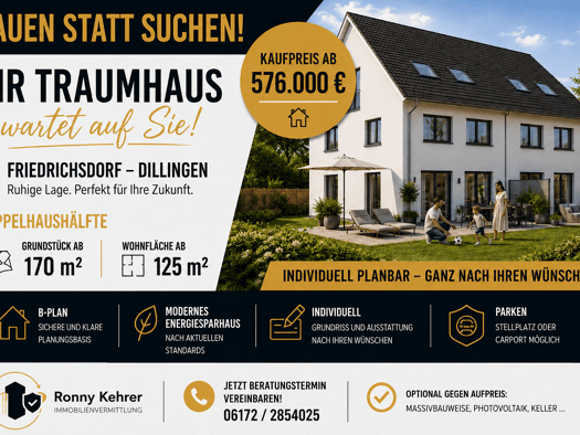 Doppelhaushälfte zum Kauf - Erstbezug provisionsfrei 576.000 € 5 Zimmer 125 m² 170 m² Grundstück frei ab 01.09.2027 Friedrichsdorf 61381