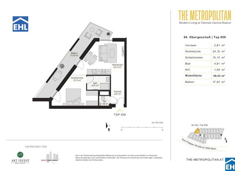 Studio zur Miete 813 € 1 Zimmer 48,4 m² 4. Geschoss frei ab 01.05.2026 Wien 1100