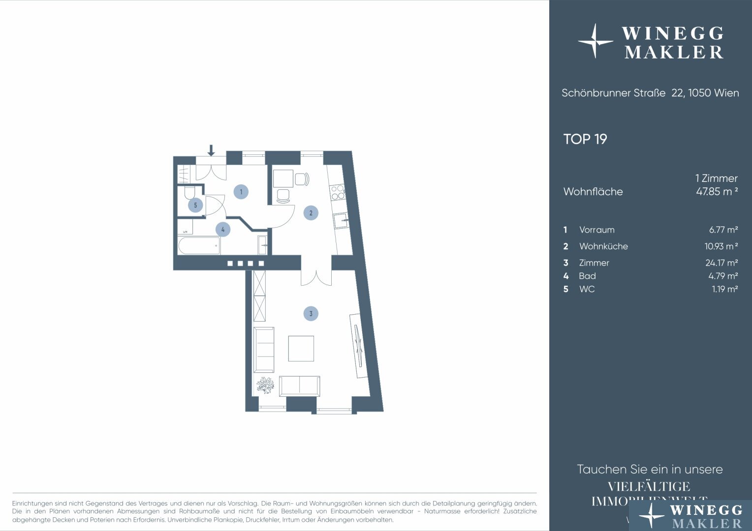 Wohnung zum Kauf 379.000 € 2 Zimmer 51,2 m²<br/>Wohnfläche 2.<br/>Geschoss Schönbrunner Straße 22-24 Wien 1050