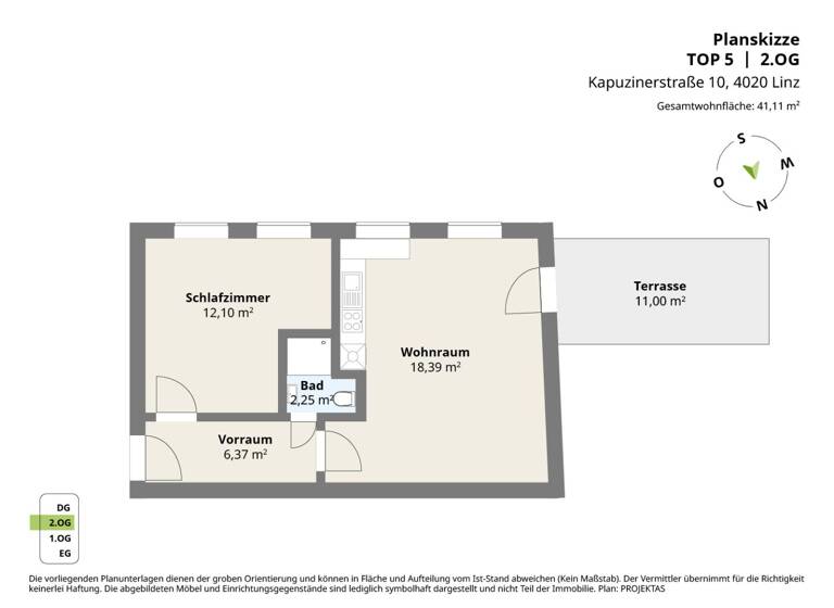 Wohnung zum Kauf 196.000 € 2 Zimmer 41,1 m² 1. Geschoss Kapuzinerstraße 10 Linz 4020