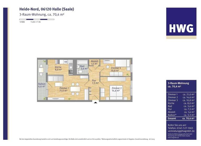 Wohnung zur Miete 388 € 3 Zimmer 70,4 m² 4. Geschoss Grashalmstraße 17 Heide Nord Halle 06120