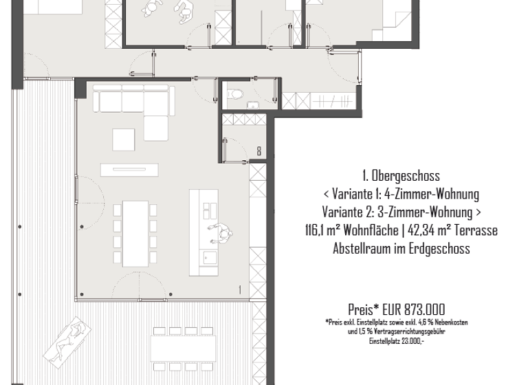 Terrassenwohnung zum Kauf - Erstbezug provisionsfrei 873.000 € 4 Zimmer 116,1 m² 1. Geschoss Gutenbergstraße 20a Hohenems 6845