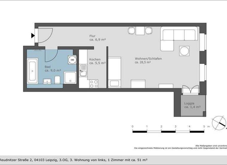 Wohnung zur Miete 740 € 1 Zimmer 51,2 m² 3. Geschoss Reudnitzer Straße 2 Zentrum-Ost Leipzig 04103