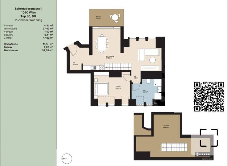 Wohnung zum Kauf 695.000 € 2 Zimmer 73,9 m² Schrotzbergstraße 1 Wien 1020