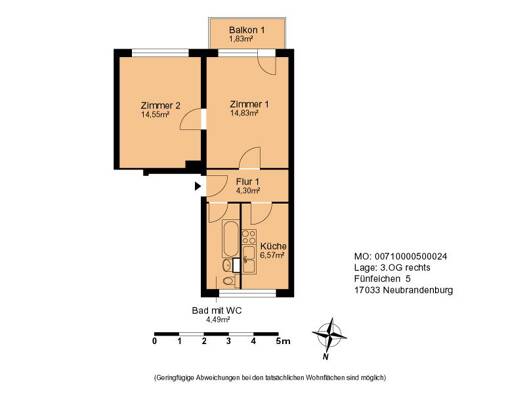 Wohnung zur Miete 347 € 2 Zimmer 49,5 m² 3. Geschoss frei ab 01.12.2026 Fünfeichen 5 Südstadt Neubrandenburg 17033