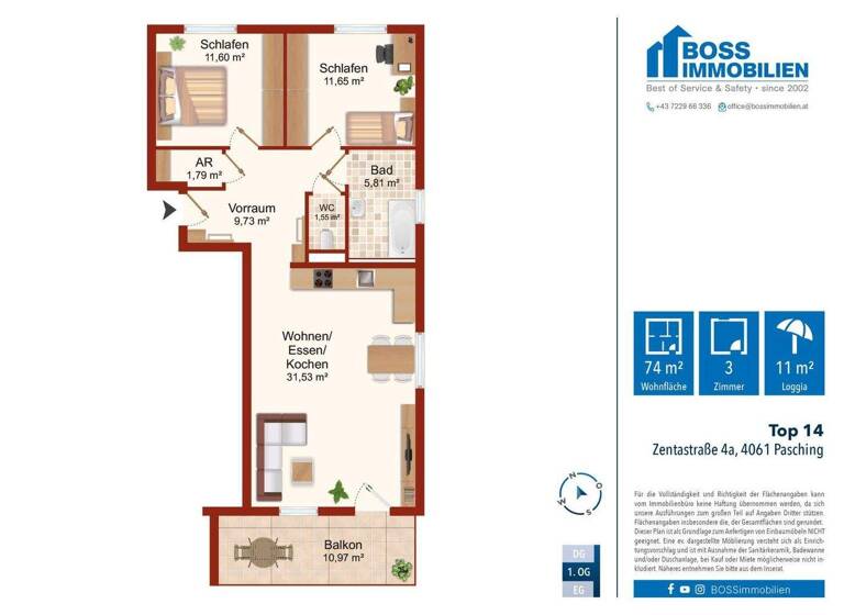 Wohnung zur Miete 765 € 3 Zimmer 73,6 m² 1. Geschoss Zentastraße 4 Langholzfeld 4061