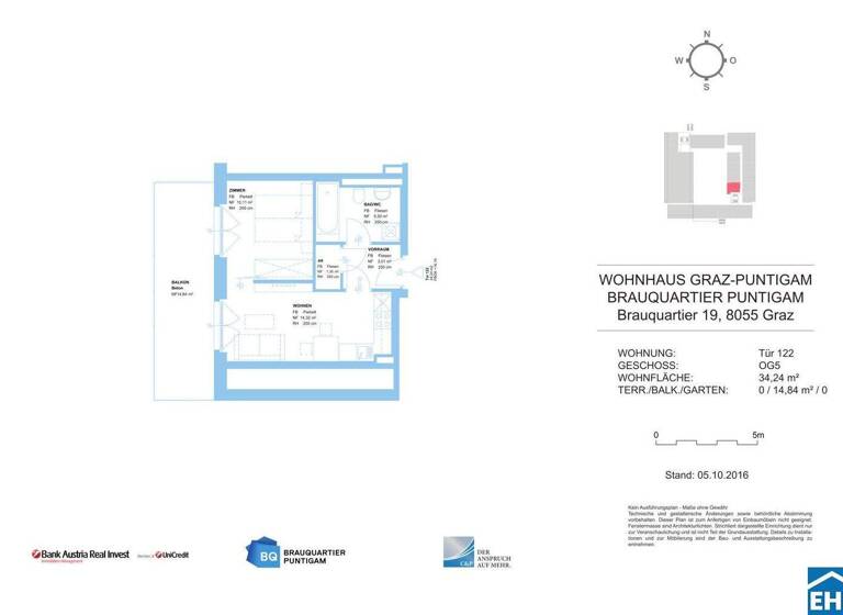 Wohnung zur Miete 461 € 2 Zimmer 34,2 m² 5. Geschoss frei ab 01.04.2026 Brauquartier Puntigam Graz 8055