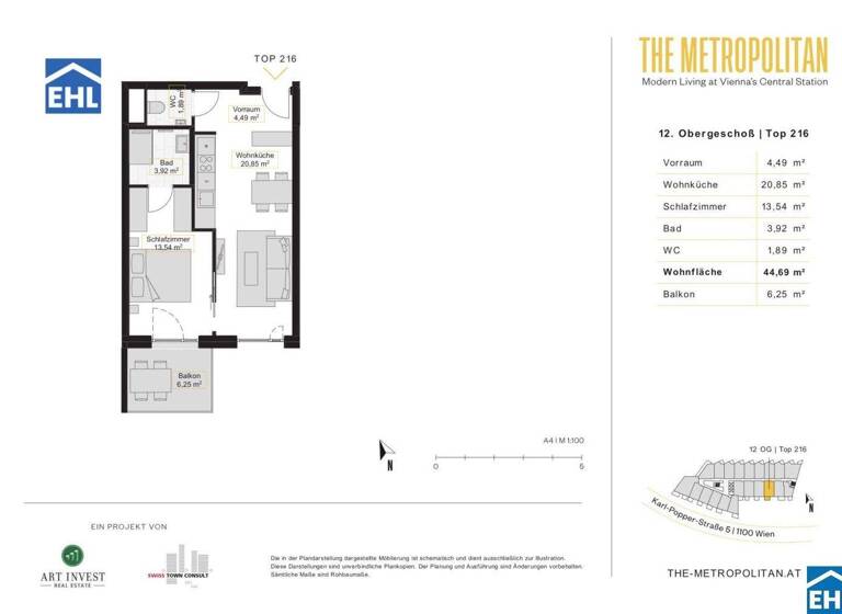 Wohnung zur Miete 761 € 2 Zimmer 44,7 m² 12. Geschoss frei ab sofort Wien 1100