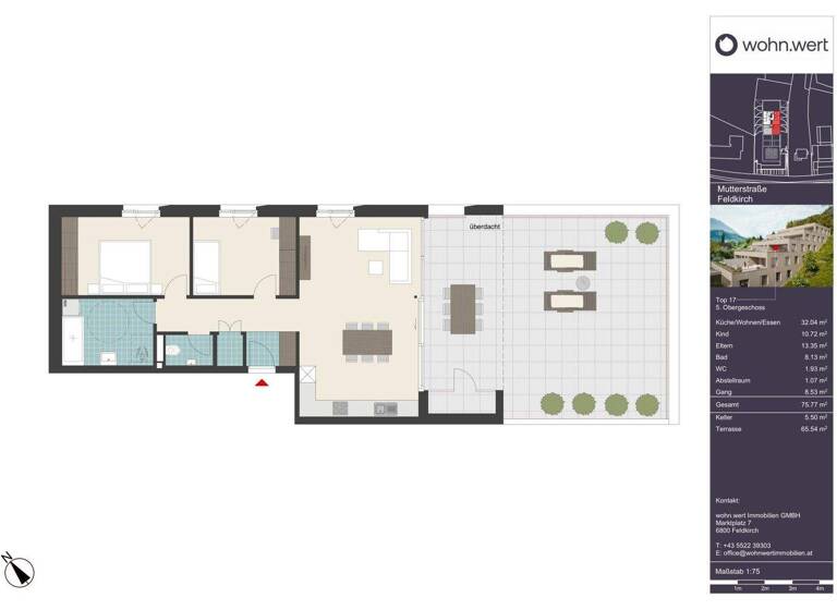 Terrassenwohnung zum Kauf - Erstbezug 640.000 € 3 Zimmer 75,8 m² 5. Geschoss frei ab 01.07.2026 Mutterstraße 11 Feldkirch 6800