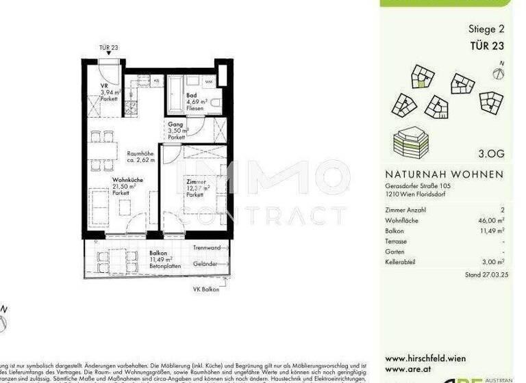 Wohnung zum Kauf - Erstbezug provisionsfrei 285.000 € 2 Zimmer 46 m² 3. Geschoss Wien 1210