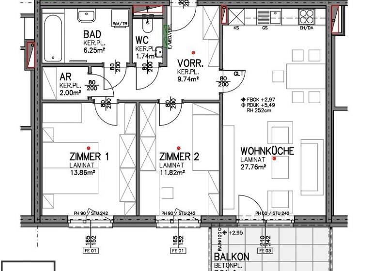 Wohnung zur Miete - Erstbezug 865 € 3 Zimmer 73,2 m² 1. Geschoss frei ab sofort Am Bahndamm Eisenstadt 7000