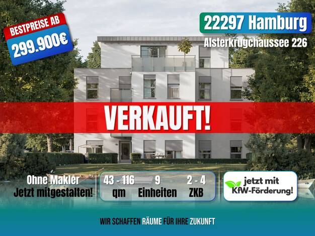 Terrassenwohnung zum Kauf - Erstbezug provisionsfrei als Kapitalanlage geeignet 379.900 € 2 Zimmer 58 m² Alsterkrugchaussee 226 Alsterdorf Hamburg 22297