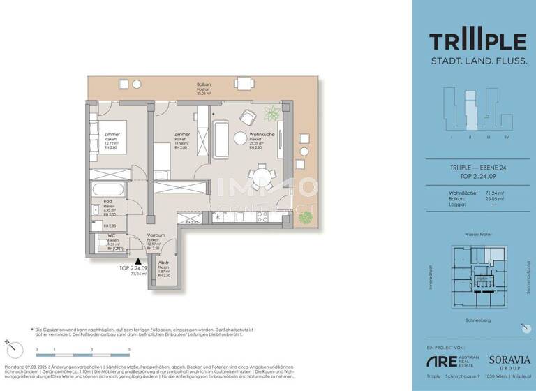 Wohnung zum Kauf - Erstbezug 603.190 € 3 Zimmer 71,7 m² 24. Geschoss Wien 1030