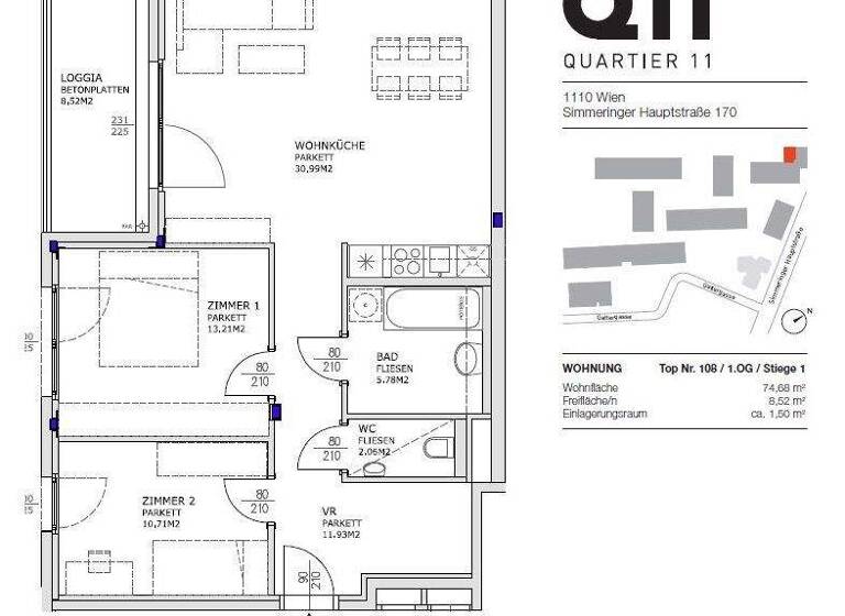 Wohnung zur Miete 1.118 € 3 Zimmer 74,7 m² 1. Geschoss Simmeringer Hauptstraße 170 Wien 1110