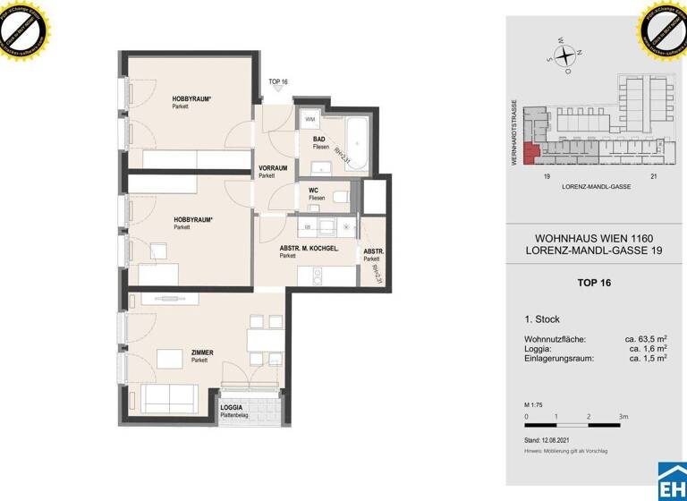 Wohnung zur Miete - Erstbezug 1.087 € 3 Zimmer 64,9 m² 1. Geschoss frei ab 01.03.2026 Lorenz-Mandl-Gasse Wien 1160