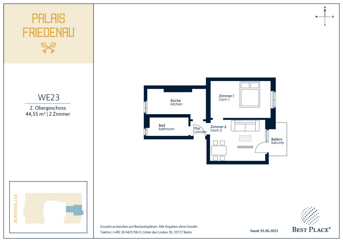 Wohnung zum Kauf provisionsfrei 228.000 € 2 Zimmer 44,6 m²<br/>Wohnfläche 2.<br/>Geschoss Bundesallee 111 Friedenau Berlin 12161