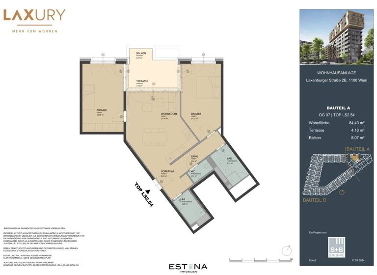 Wohnung zum Kauf - Erstbezug 650.000 € 3 Zimmer 84,5 m² 7. Geschoss Laxenburger Straße Wien 1100