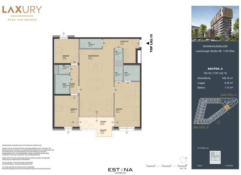 Wohnung zum Kauf - Erstbezug 780.000 € 4 Zimmer 106,2 m² 3. Geschoss Laxenburger Straße Wien 1100