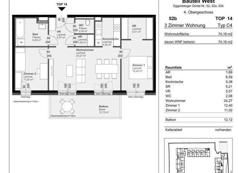Wohnung zur Miete 558 € 3 Zimmer 74,2 m² 4. Geschoss Eggenberger Gürtel 52b Gries Graz 8020