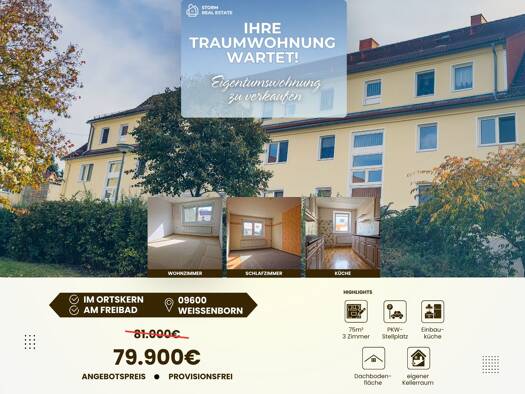 Wohnung zum Kauf provisionsfrei 79.900 € 3 Zimmer 75 m² Geschoss 1/3 Frauensteiner Straße 14 Weißenborn Weißenborn/Erzgebirge 09600