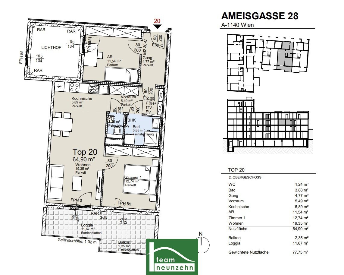 Wohnung zum Kauf provisionsfrei 506.801 € 3 Zimmer 64,6 m²<br/>Wohnfläche 2.<br/>Geschoss Ameisgasse 28 Wien 1140