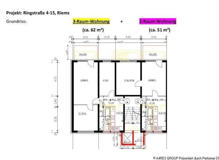 Wohnung zur Miete 485 € 2 Zimmer 51 m² frei ab sofort Ringstraße 14 Riems Greifswald 17493