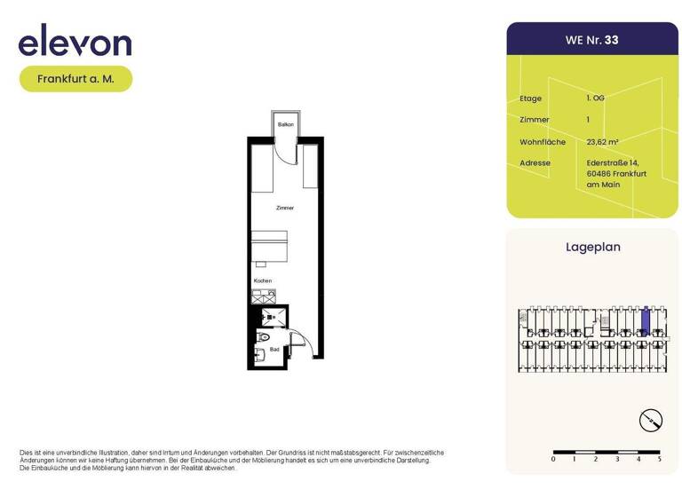 Studio zur Miete 535 € 1 Zimmer 23,6 m² 1. Geschoss Ederstraße 14 Bockenheim Frankfurt am Main 60486