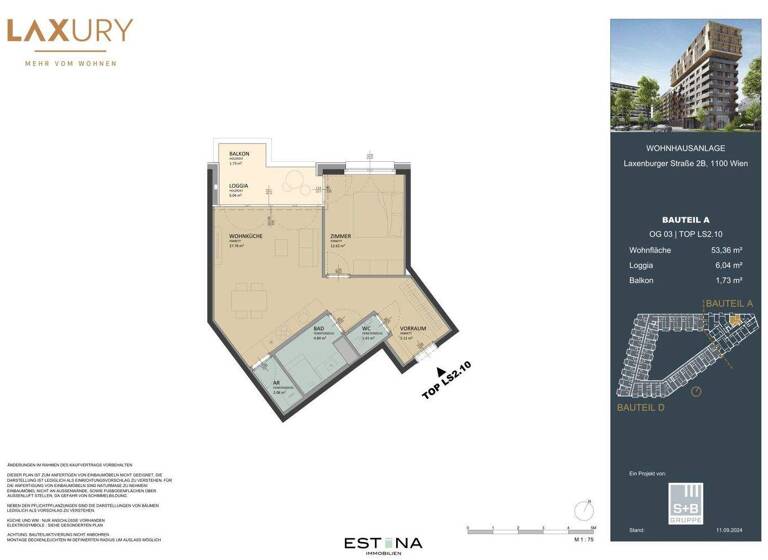 Wohnung zum Kauf - Erstbezug 370.000 € 2 Zimmer 53,5 m² 3. Geschoss Laxenburger Straße Wien 1100