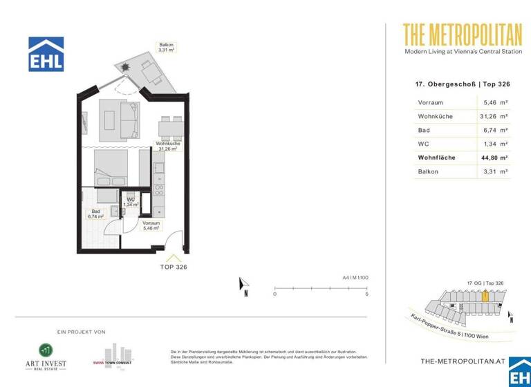 Studio zur Miete 742 € 1 Zimmer 44,8 m² 17. Geschoss frei ab sofort Wien 1100