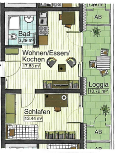 Studio zur Miete 840 € 2 Zimmer 39,9 m² 1. Geschoss frei ab sofort Stadtmitte Neu-Ulm 89231