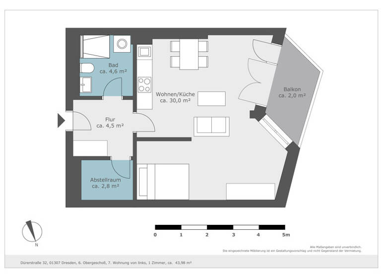 Studio zur Miete 619 € 1 Zimmer 43,7 m² 6. Geschoss frei ab 11.04.2026 Dürerstr. 32 Johannstadt-Süd Dresden 01307