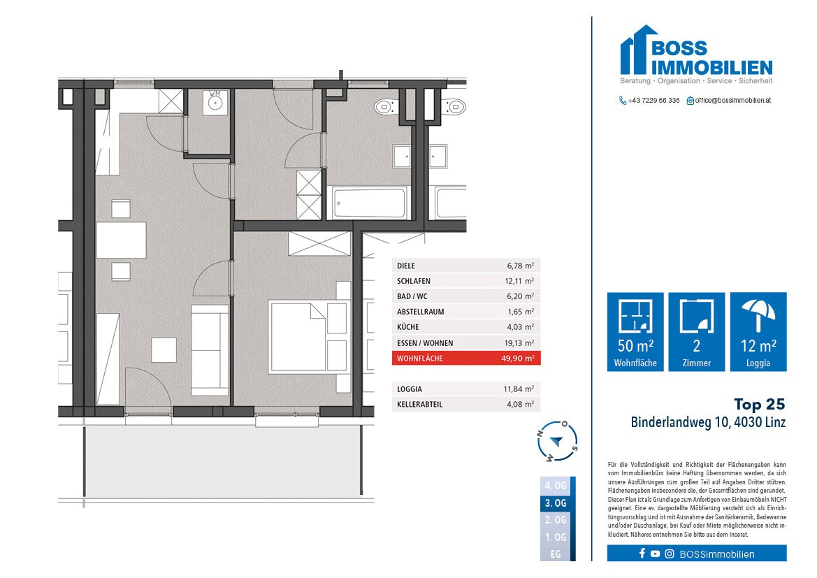 Wohnung zur Miete 568 € 2 Zimmer 49,9 m²<br/>Wohnfläche 3.<br/>Geschoss Binderlandweg 10 Ufer Linz 4030