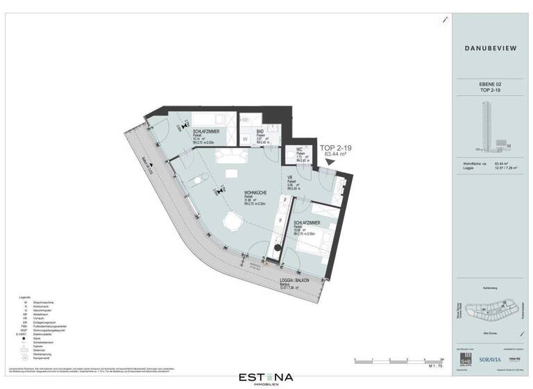 Wohnung zur Miete 1.624 € 3 Zimmer 63,4 m² 2. Geschoss Wagramer Straße Wien 1220