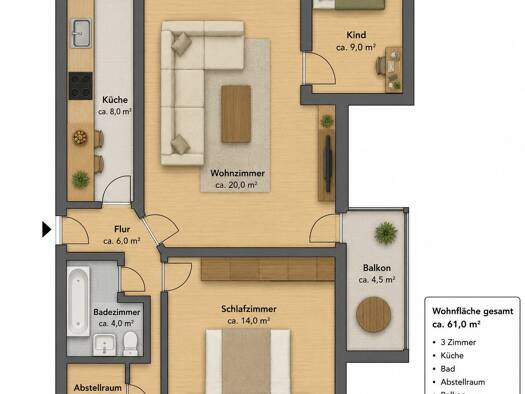 Terrassenwohnung zur Miete 595 € 3 Zimmer 61 m² frei ab sofort Porschestraße 35 Innenstadt Stadtmitte 38440