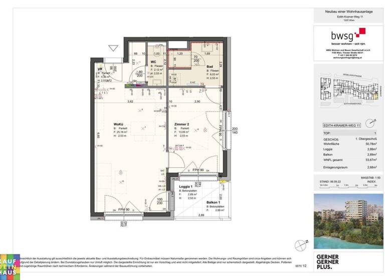 Wohnung zur Miete 584 € 2 Zimmer 50,8 m² 1. Geschoss Edith Kramer Weg 11 Wien 1220