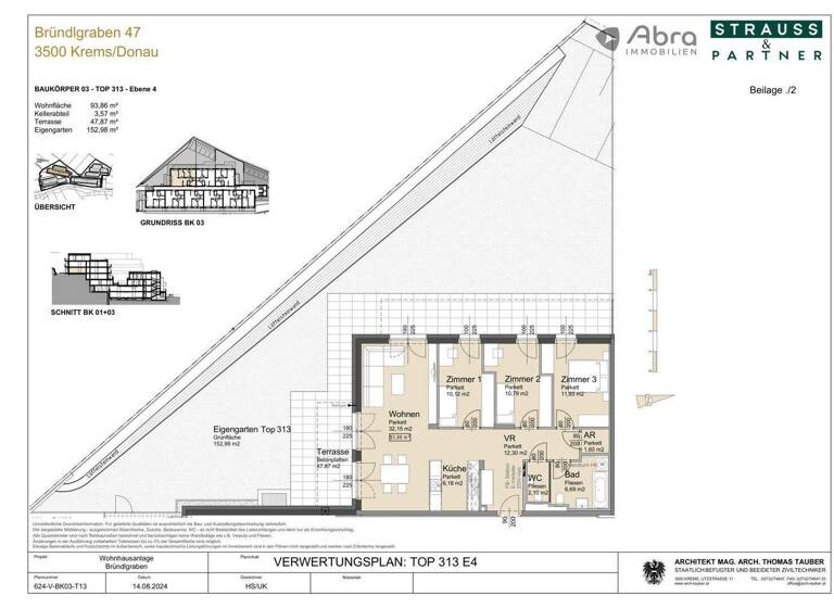 Wohnung zum Kauf - Erstbezug provisionsfrei 718.200 € 4 Zimmer 93,9 m² 1. Geschoss Bründlgraben 45A Krems an der Donau 3500