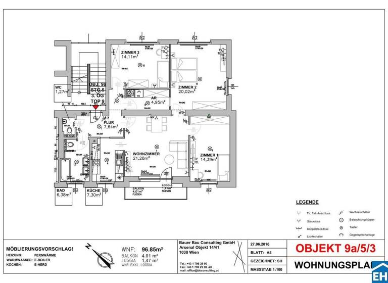 Wohnung zur Miete 1.326 € 4 Zimmer 96,9 m² 1. Geschoss Arsenal 9a Wien 1030