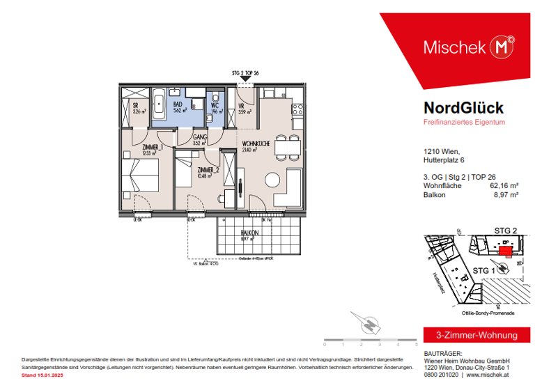 Wohnung zum Kauf provisionsfrei 348.000 € 3 Zimmer 62,2 m² 3. Geschoss Wien 1210