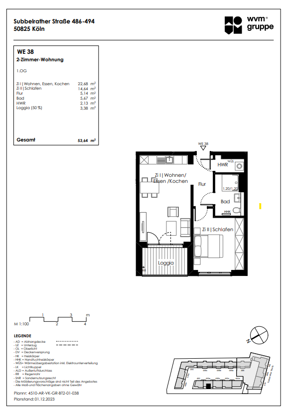 Wohnung zum Kauf provisionsfrei 345.705 € 2 Zimmer 53,6 m²<br/>Wohnfläche 1.<br/>Geschoss Subbelrather Str. 492a Ehrenfeld Köln 50825