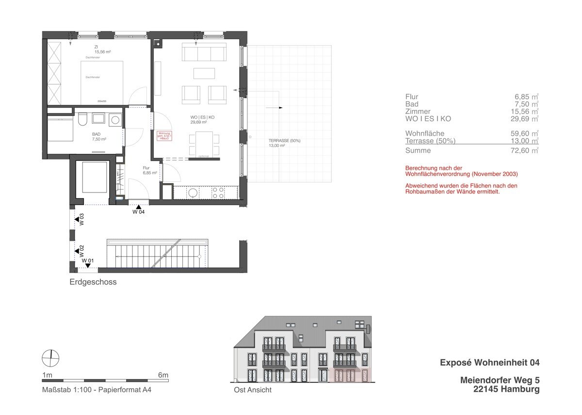 Terrassenwohnung zum Kauf 460.000 € 2 Zimmer 72,6 m²<br/>Wohnfläche EG<br/>Geschoss Rahlstedt Hamburg / Meiendorf 22145