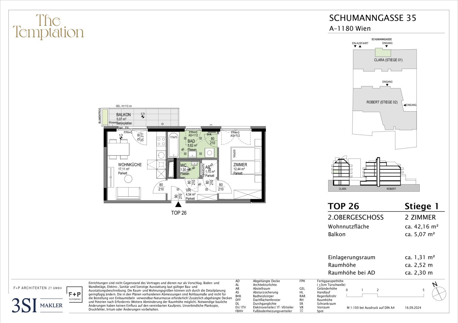 Wohnung zum Kauf 315.800 € 2 Zimmer 42,1 m²<br/>Wohnfläche 2.<br/>Geschoss Schumanngasse 35 Wien 1180