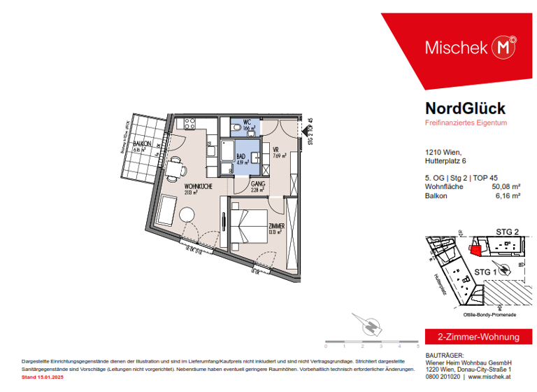 Wohnung zum Kauf provisionsfrei 286.000 € 2 Zimmer 50,1 m² 5. Geschoss Wien 1210