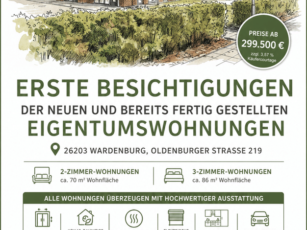 Wohnung zum Kauf - Erstbezug 299.500 € 2 Zimmer 68,5 m² EG frei ab sofort Wardenburg I Wardenburg 26203