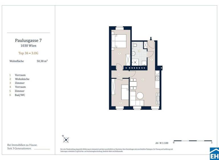 Wohnung zum Kauf 403.900 € 2 Zimmer 50,4 m² 3. Geschoss Paulusgasse 7 Wien 1030