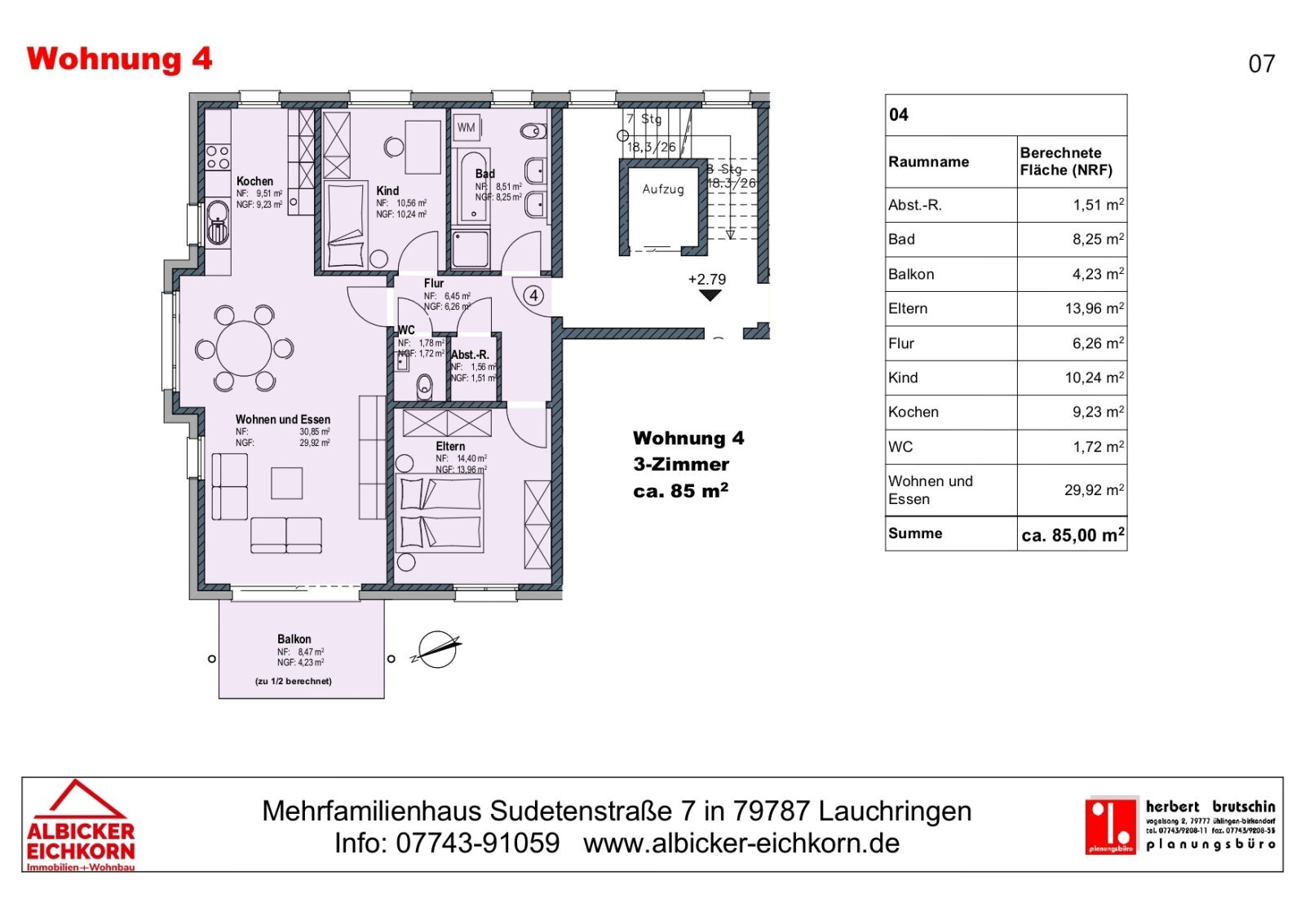 Wohnung zum Kauf provisionsfrei 382.800 € 3 Zimmer 85 m²<br/>Wohnfläche 1.<br/>Geschoss Sudetenstraße 7 Unterlauchringen Unterlauchringen 79787